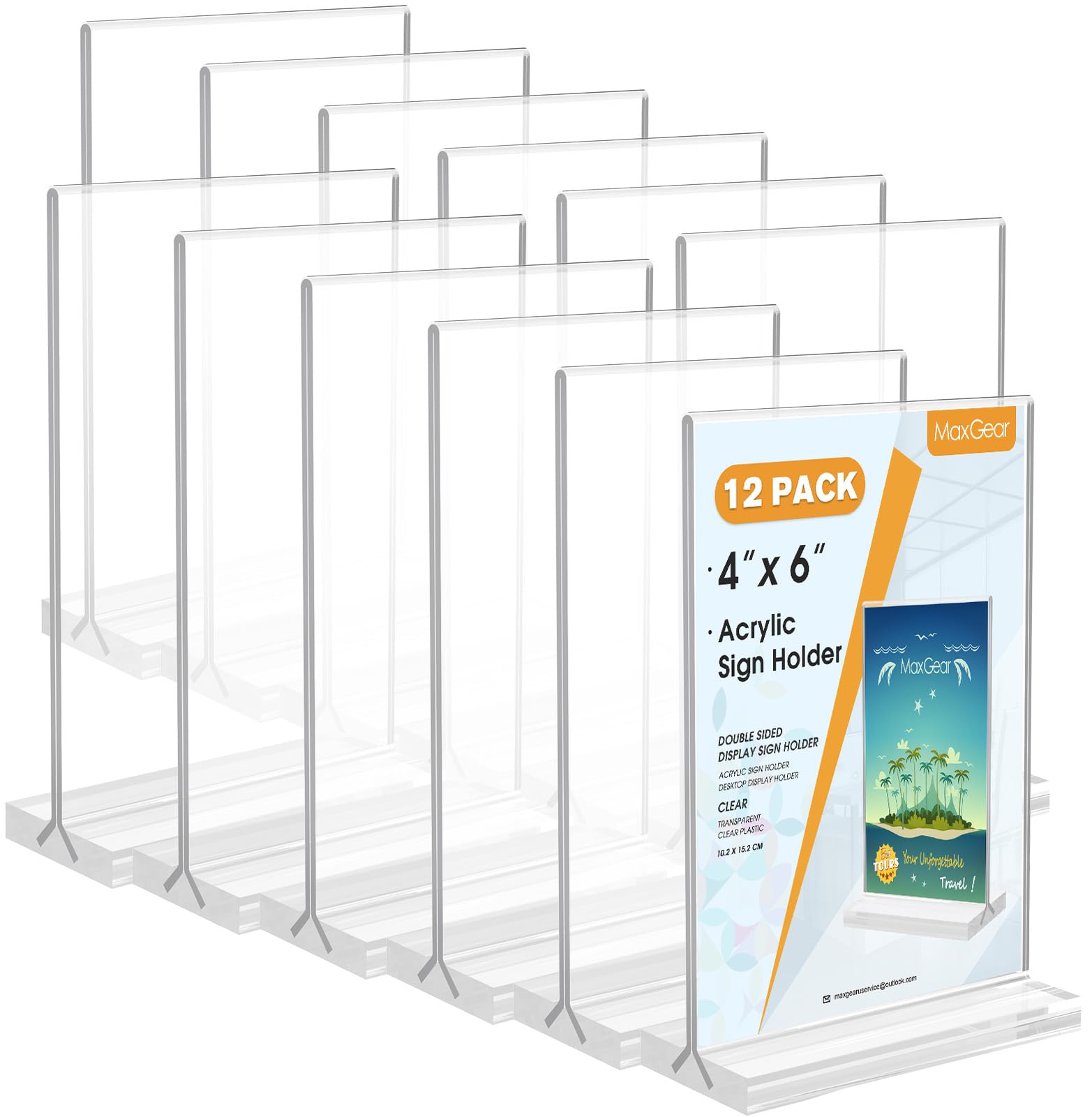 Photo 1 of MaxGear 4x6 Acrylic Sign Holder 12 Pack, Double Sided Display Stand, Clear Paper Holder Picture Frame, Plastic Menu Stand Photo Frame for Stores, Restaurants, Hotels, Office