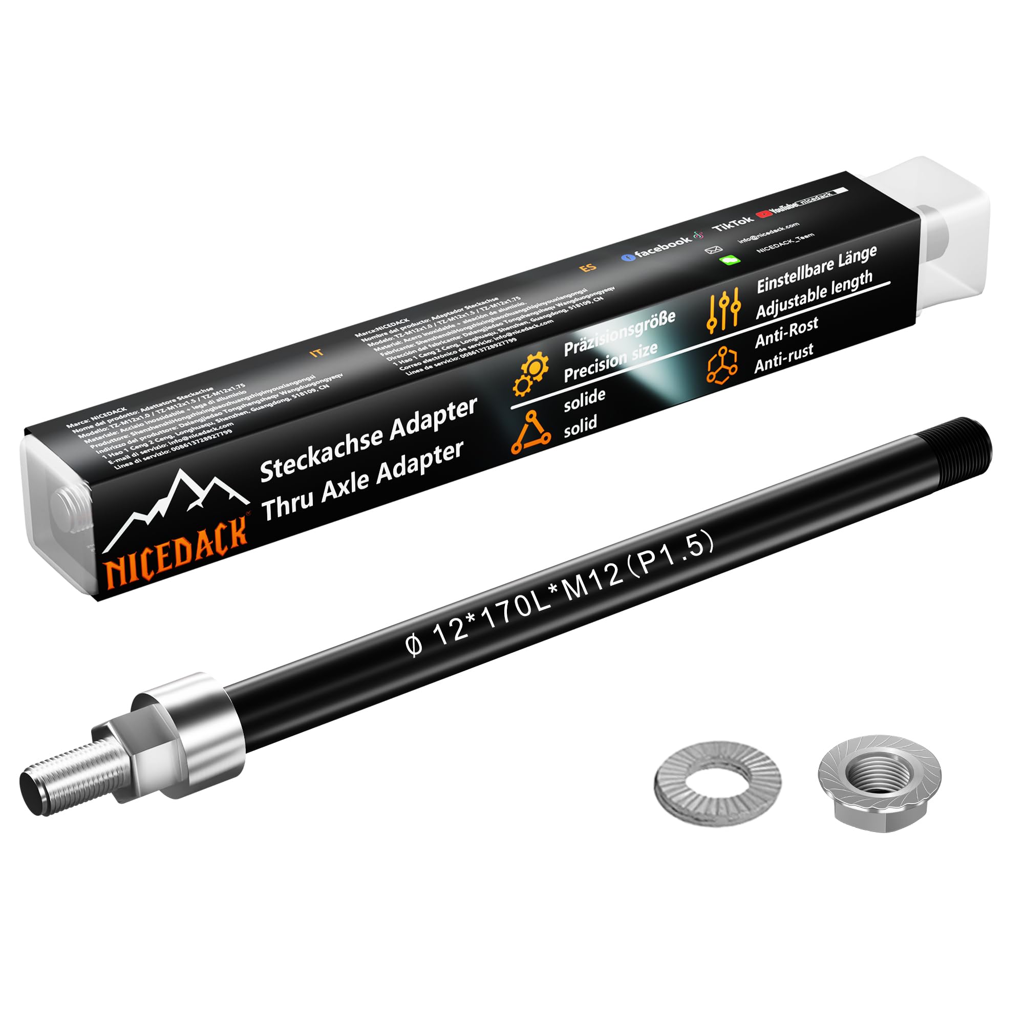 NICEDACK Thru Axle Adapter M12 x 1.5-170mm for Bike Trailer Hitch, 12mm Thru Axle with 1.5 Thread Pitch, 170mm Thru-Axle Adapter