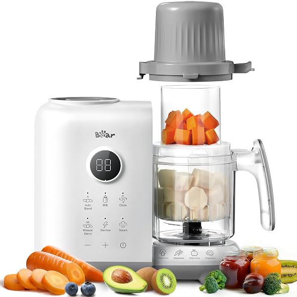 BEAR BABY FOOD MAKER WITH 18.5OZ DUAL-LAYER STEAM BASKETS, ONESTEP BABY FOOD PROCESSOR STEAMER PUREE BLENDER GRINDER MILLS, AUTO COOKING GRINDING&STERILI-ZING FOR HEALTHY HOMEMADE BABY FOOD, BPA-FREE