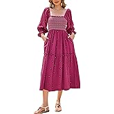 R.Vivimos Women's Long Sleeve Cotton Boho Midi Dress Vintage Square Neck Floral Embroidered Tiered Ruffle Flowy Pockets Dress