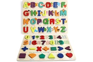 YOHELLY Wooden Puzzles for Toddlers, 2 Pack Wooden ABC Alphabet Number Shape Puzzles Toddler Toys for Kids Age 1-3 Years Boys and Girls, Educational Preschool Learning Letter Number Shape Toys 1 2 3 4 Years