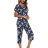 ENJOYNIGHT Womens Pajama Sets Cotton Pj Set Short Sleeve Top With Capri Pants Sleepwear 2 Piece Lounge Set