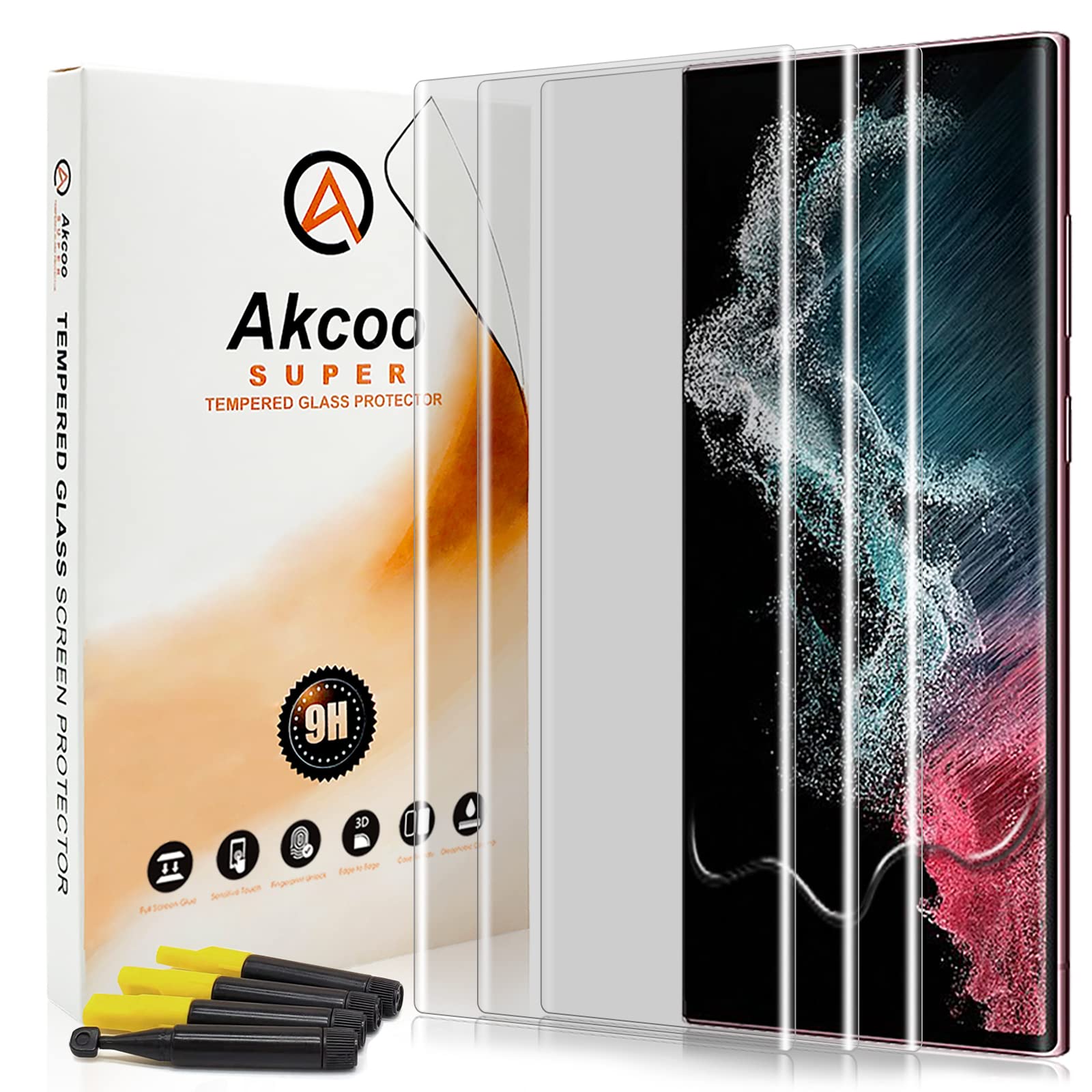 Akcoo Galaxy S22 Ultra Screen Protector, UV Tempered Glass - 3 Pack,[Liquid Dispersion Tech][Anti-Scratch][Fingerprint-ID Compatible][Sensitive Touch]