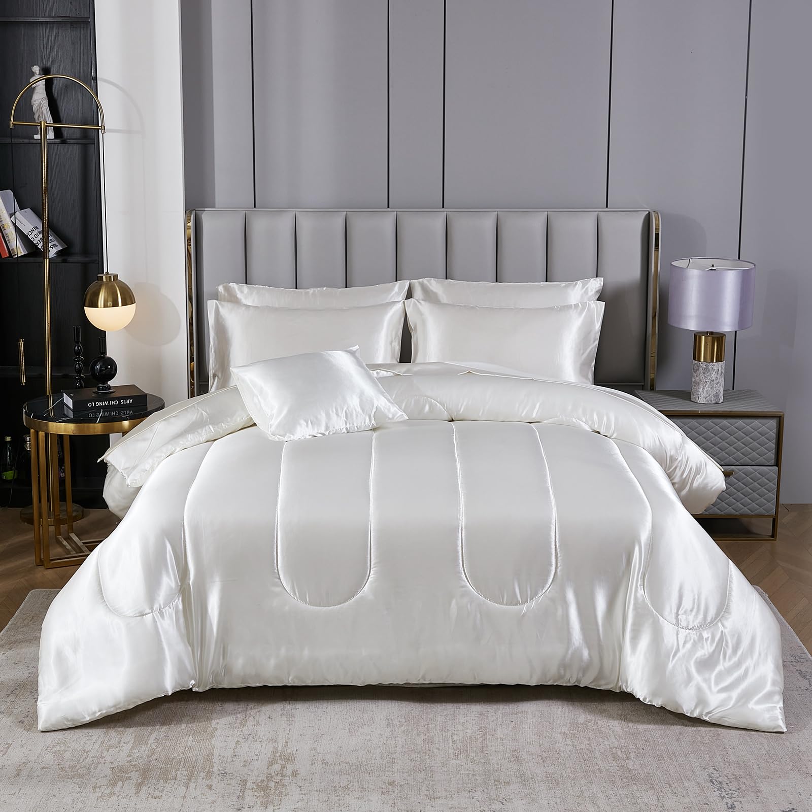 Photo 1 of (see all images) Bedding Dreamer Silk Like White Comforter Set with Sheet Set King Size 8 Pieces Satin Bedding Set Silky Bed-in-a-Bag Luxury Hotel Soft Silky 