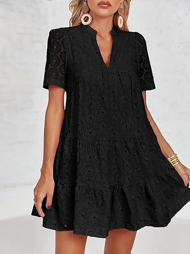 Imily Bela Womens Summer Lace Dresses Eyelet Casual Flowy Babydoll Swing  Short Sleeve V Neck Tunic Dress (Black, Large) in Saudi Arabia | Whizz  Dresses