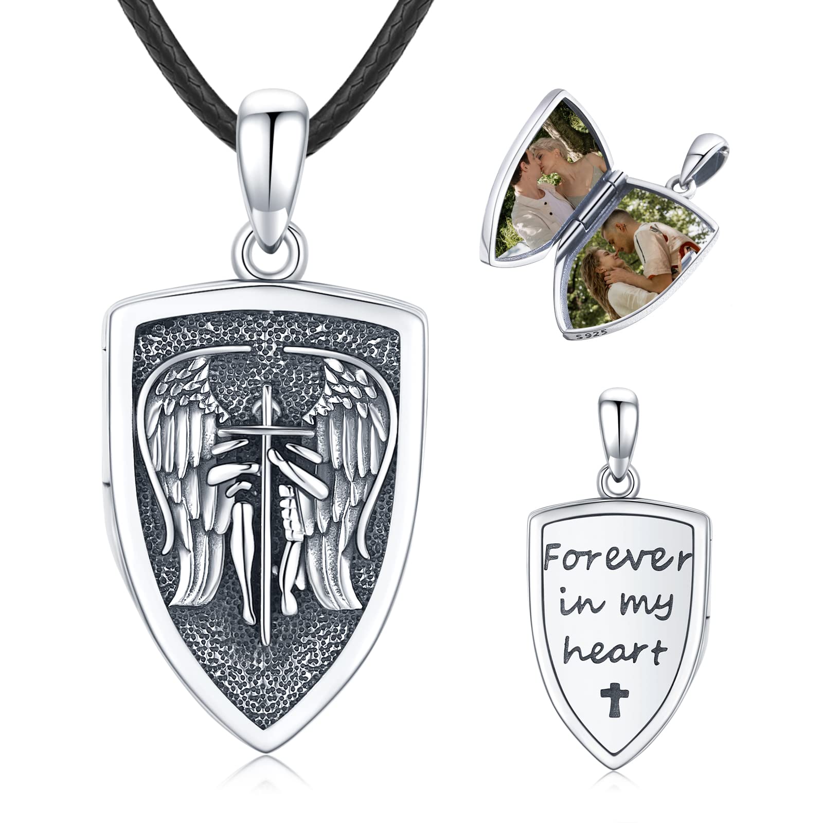 Eusense Photo Necklace, 925 Silver Locket for Pictures, St Michael Locket Pendant, Archangel Photos Jewellery for Men Women