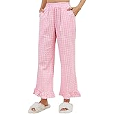 Womens Gingham Pants Y2K Cotton Wide Leg Ruffle Hem Lounge Pants Plaid Print Loose Trouser with Pockets