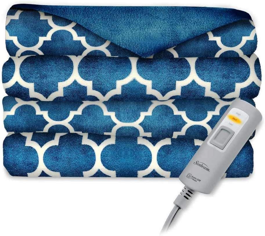 Sunbeam Heated Throw Light Blue and White