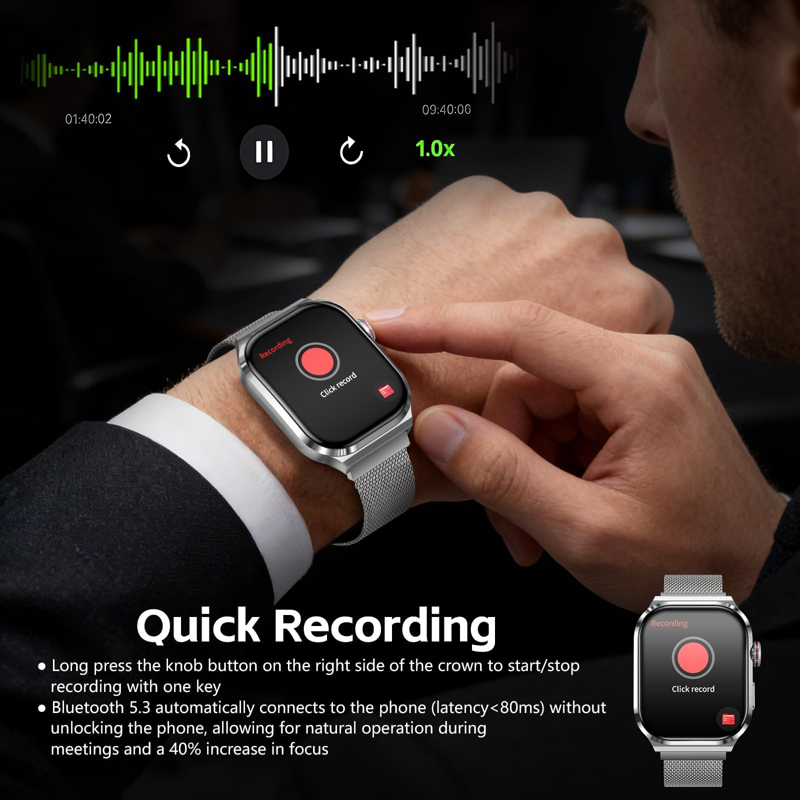 Condition photo showing New/Like New for ai smart watch with voice recorder, transcribe & summarize with ai for meetings, app control, suppor