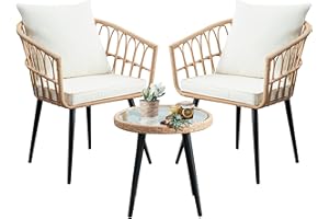 IJIALIFE 3 Pieces Patio Bistro Set, Outdoor Wicker Table and Chairs Set of 2, Rattan Balcony Furniture Set with Cushions for Front Porch Apartment Backyard Deck,Beige