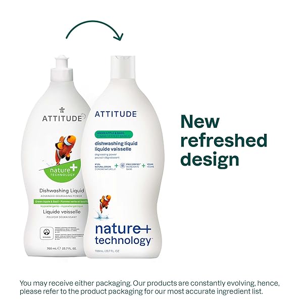 ATTITUDE DISH SOAP, EWG VERIFIED, PLANT-BASED & VEGAN DISHWASHING LIQUID, NATURALLY DERIVED, GREEN APPLE AND BASIL SCENT, 23.7 FL OZ