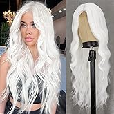 WERD Long White Wig for Women Long Curly Wavy Wig Middle Part White Wigs Heat Resistant Synthetic Cosplay Hair For Theme Party Daily Use