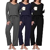 Simlakey 3 Pack Women's Pajama Set Long Sleeve Pajamas Top and Pants Soft V Neck Pjs Set Loungewear with Pockets