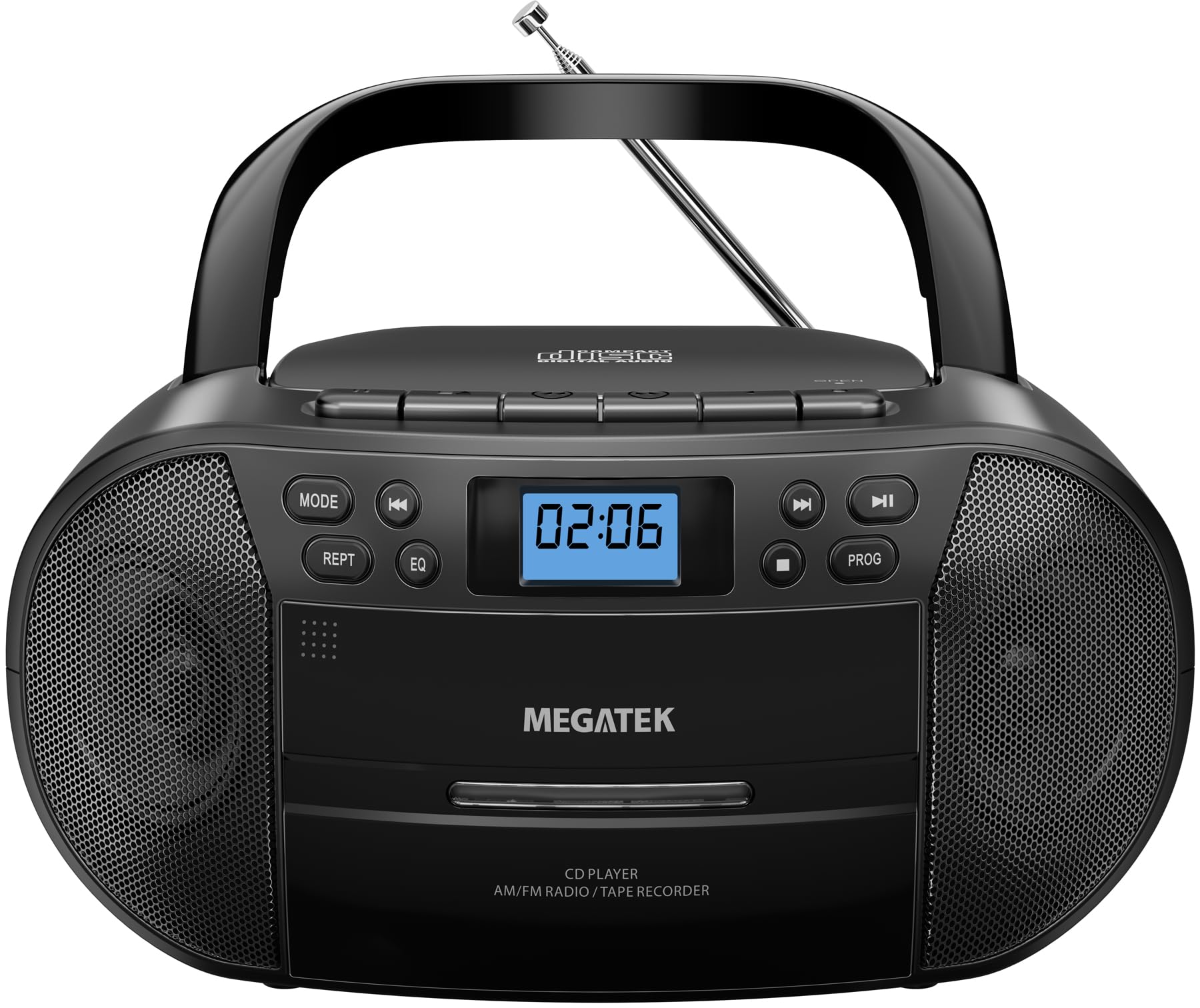 MEGATEK CBR510 Portable CD/Cassette Player Boombox with Bluetooth, AM/FM Radio, USB Playback, AUX Input, Headphone Jack, LCD Display, AC/Battery Powered Stereo System for Home