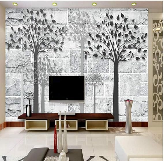 Pared de ladrillo retro árbol blanco y negro Papel tapiz mural para
