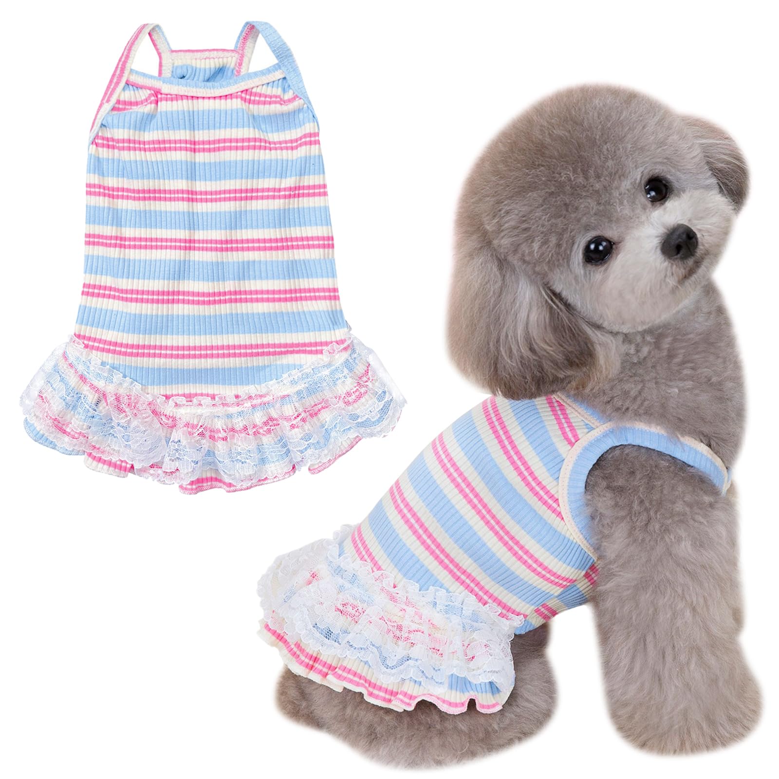Winmany Dog Summer Clothes Puppy Sleeveless Striped Vest T-Shirt Pet Cat Tutu Skirt Dresses for Small Medium Cat Dog (Blue, XL)