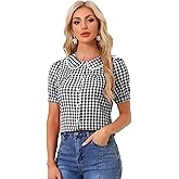 Allegra K Women's Summer Gingham Top Short Sleeve Button Down Peter Pan Collar Plaid Shirt