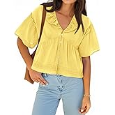 Cicy Bell Womens Cropped Babydoll Tops Summer Eyelet V Neck Short Sleeve Cute Blouses Ruffle Shirts