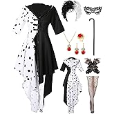 Minggo 9pcs Women Black and White Dalmatian Costume Dress Up Full Set with Wig for Halloween Cosplay