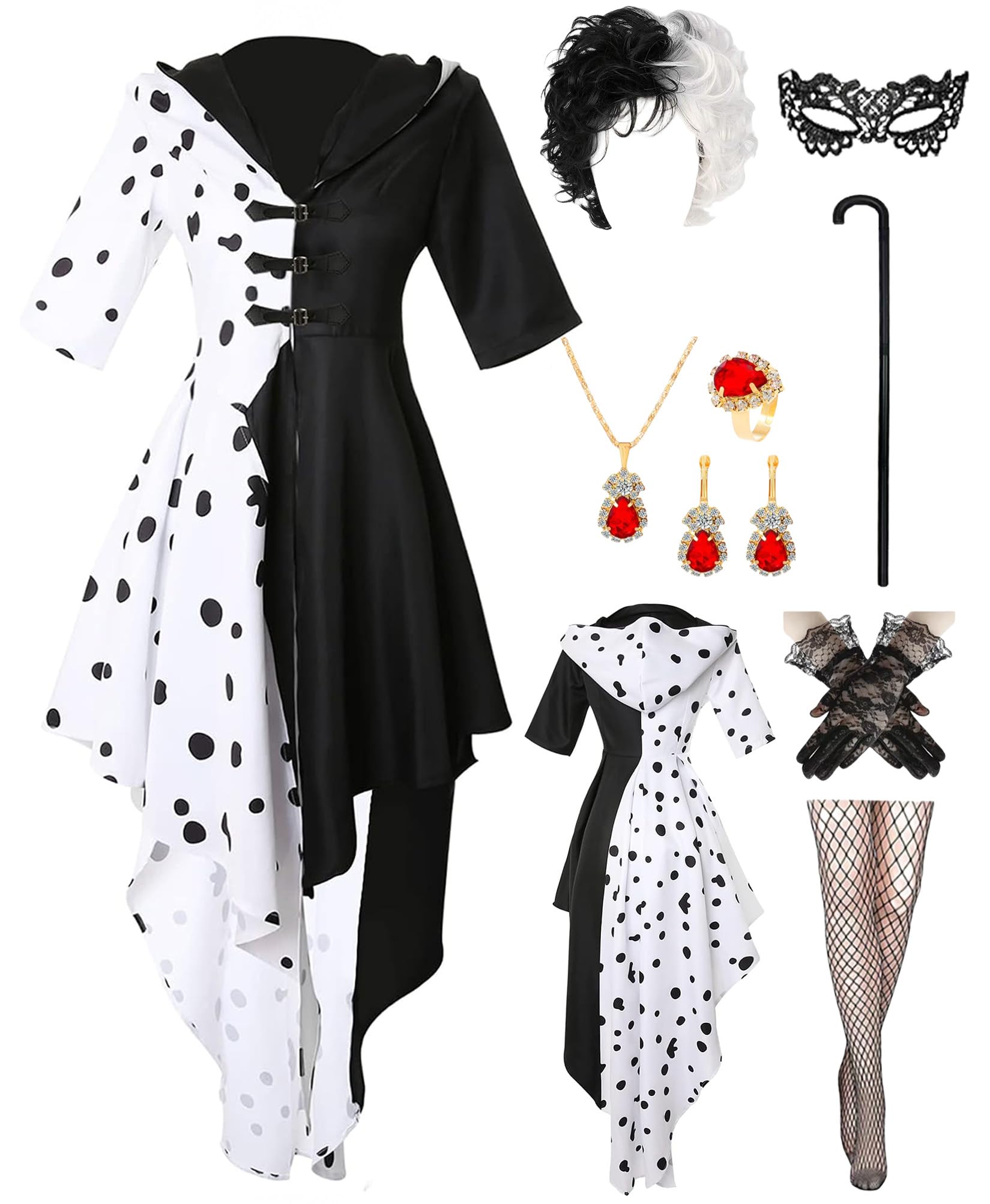 Photo 1 of ***DAMAGED - SEE NOTES/PICTURES***9pcs Women Black and White Dalmatian Costume Dress Up Full Set with Wig for Halloween Cosplay (Black, Medium)