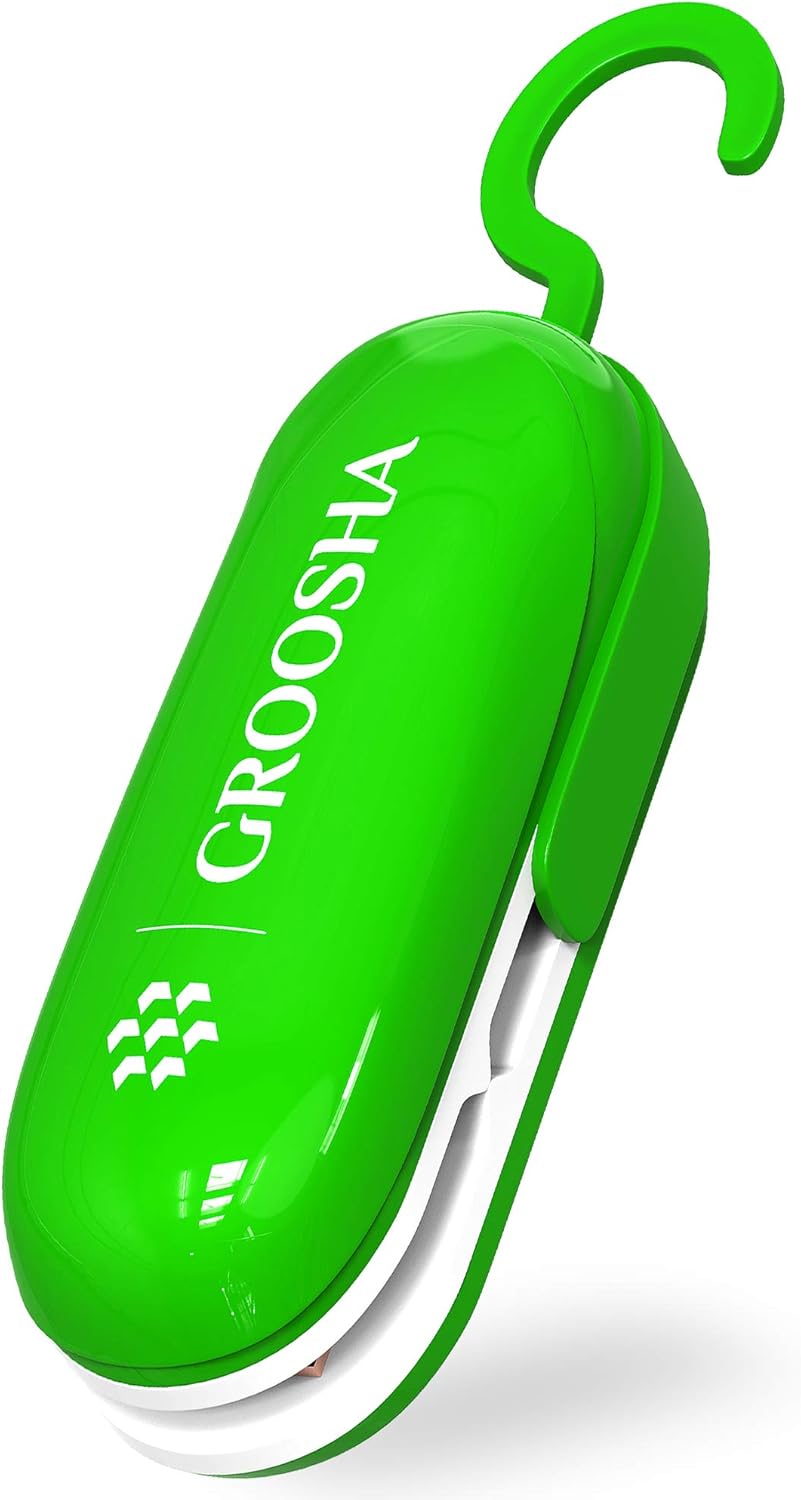 GROOSHA Mini Bag Sealer 2 in 1 Original with Detachable Hook Heat Sealer - Cutter Handheld Portable Sealer Machine Bag Resealer Vacuum for Plastic Bags Food Storage Snacks Freshness GREEN