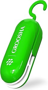 GROOSHA Mini Bag Sealer 2 in 1 Original with Detachable Hook Heat Sealer - Cutter Handheld Portable Sealer Machine Bag Resealer Vacuum for Plastic Bags Food Storage Snacks Freshness GREEN