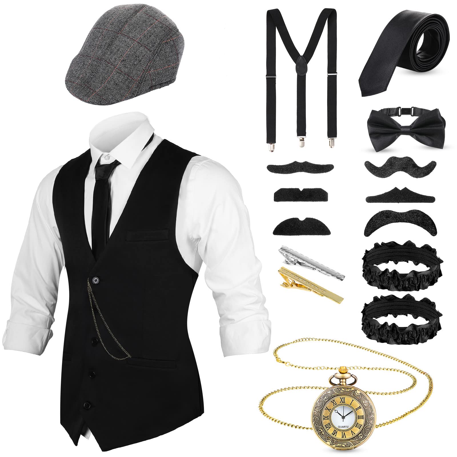Blulu 1920s Mens Gangster Vest Costume Accessories Set Halloween Cosplay Party Vintage Hat Pocket Watch Tied Bowtie Accessories(Medium)