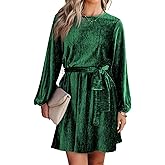 Happy Sailed Women's Velvet Dress Lantern Sleeve High Waist A-Line Skater Cocktail Party Dresses with Belt Business wear
