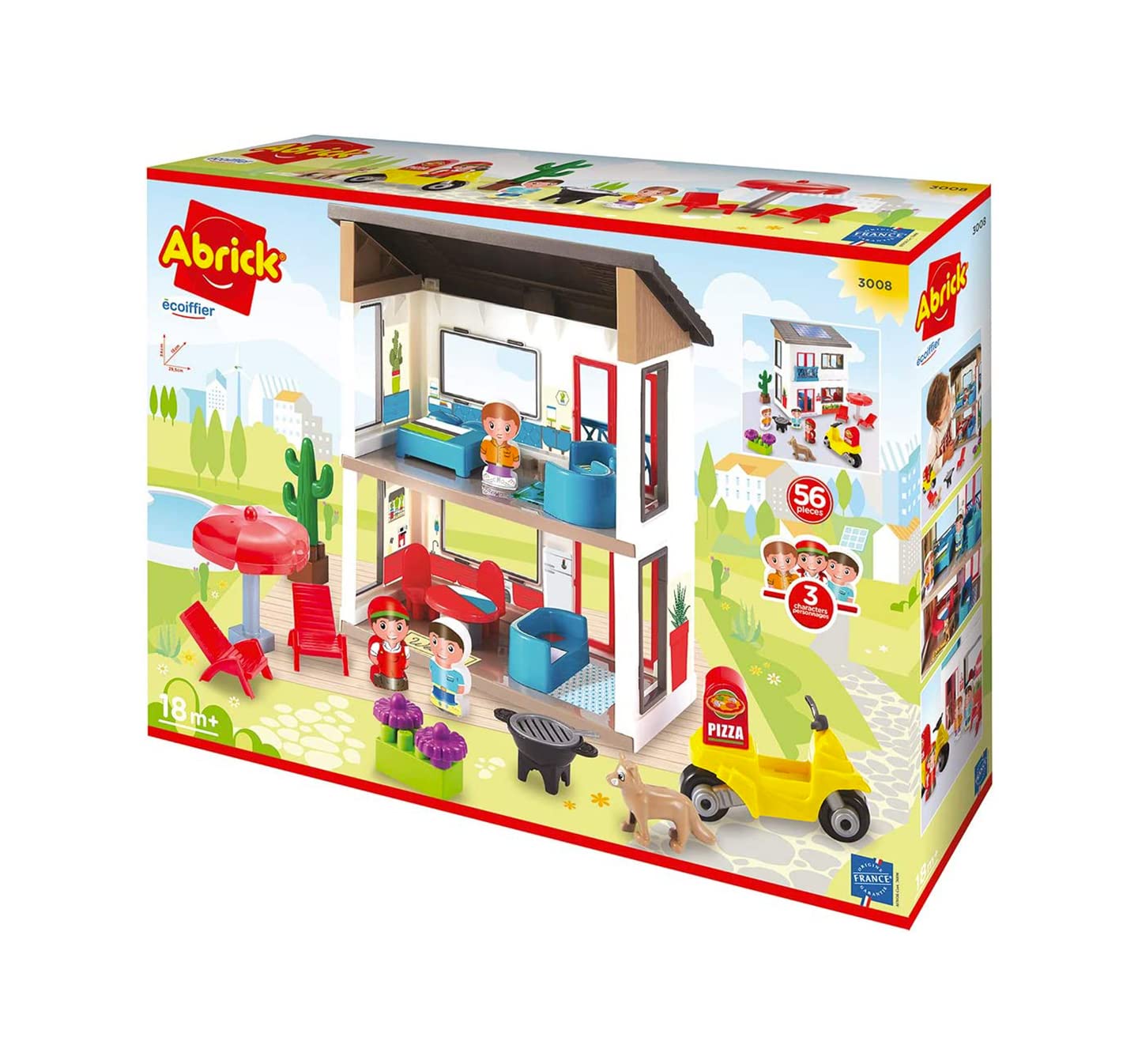 Ecoiffier Abrick-La Villa Contemporary 3 Characters + 56 Pieces - From 18 Months - Made in France, 3008, Colourful