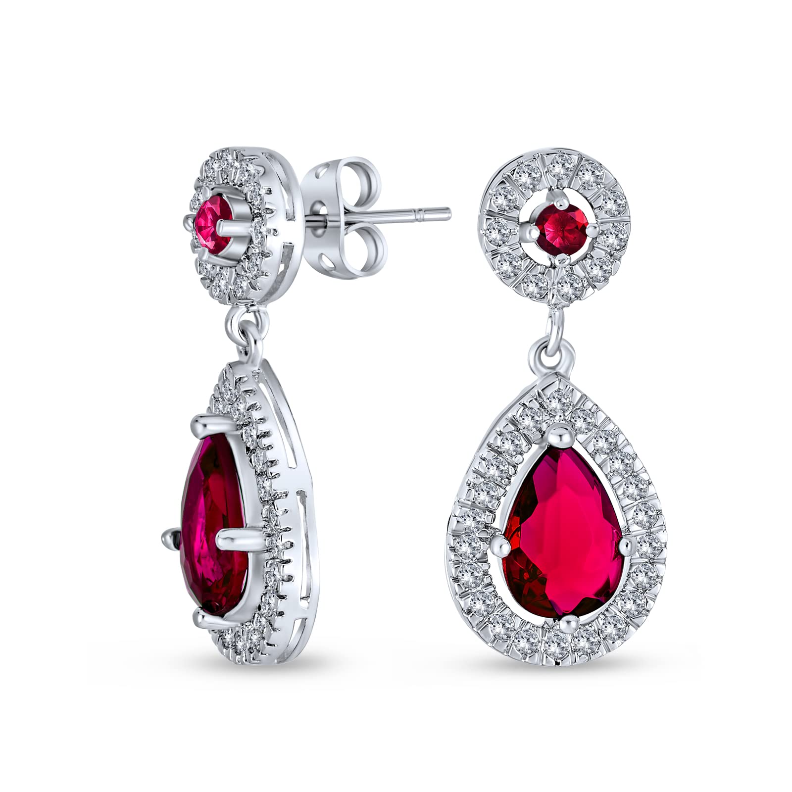 Fashion Red AAA CZ Halo Teardrop Drop Earrings For Women For Prom Simulated Ruby Cubic Zirconia Silver Plated