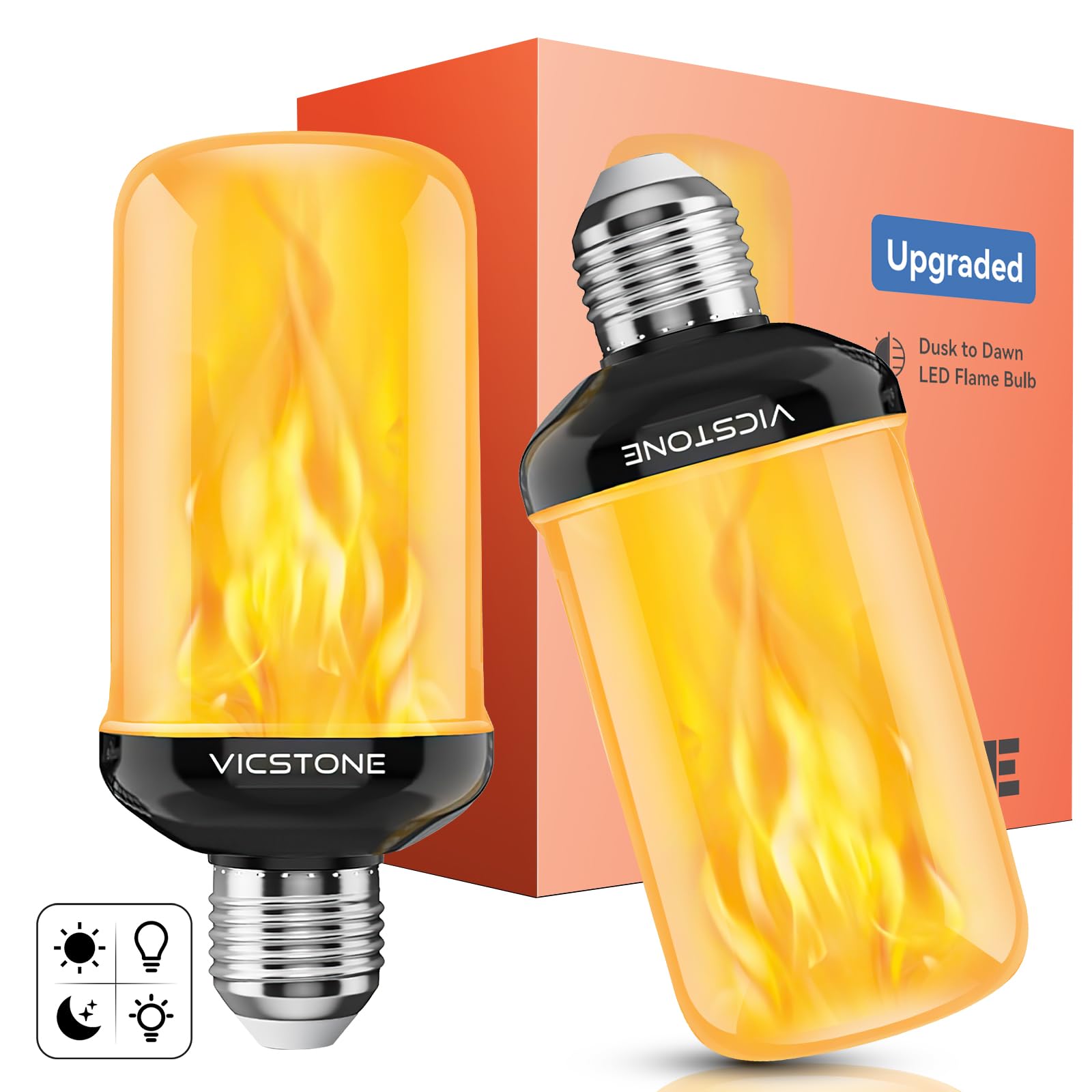 Photo 1 of ***01 BULB***Vicstone Dusk to Dawn LED Flame Light Bulbs Outdoor, 4 Modes Flickering Light Bulbs with Upside Down Effect, E26 Fire Bulb for Halloween Christmas Party Patio Porch Home Indoor Decorations -