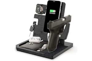 BARVA Adaptive Wood Gun Rack Phone Docking Charging Station Gifts for Men Dad Birthday Ideas Nightstand Organizer Charging Dock Watch Charging Stand Wallet Key Gadget Device Bedroom Bedside Holder