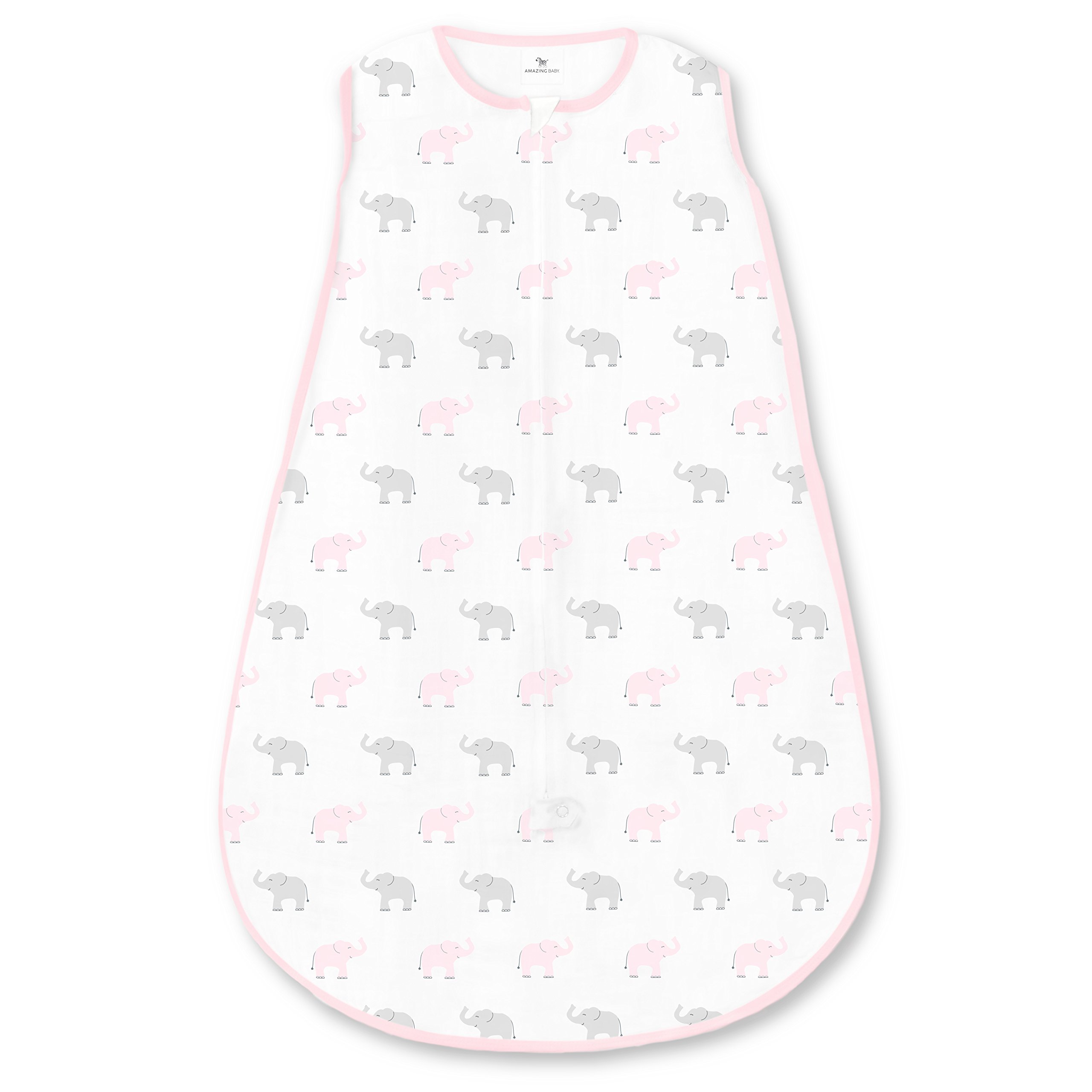 Amazing Baby Cotton Sleeping Sack with 2-Way Zipper, Tiny Elephants, Pastel Pink, Small, 0-6 Months