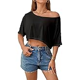 JDEEO Women's Sheer Mesh Off Shoulder Crop Top See Through Short Sleeve Loose Fit Summer Tee Shirt for Beach Cover up