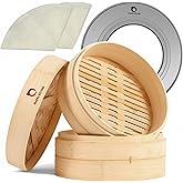 HAPPI STUDIO Bamboo Steamer Basket Set - 10 Inch Large Dumpling Steamer 2 Tier for Pots - Asian Cooking Dim Sum Bao Buns Momo Rice - Natural Chinese Steam Baskets Kit with Stainless Steel Ring