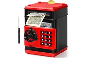 DoubleCare Electronic Piggy Bank for Kids, Money Bank with Password/Cute Mini ATM Piggy Bank Coin Can, Auto Scroll Cash Safe Box, Great and Practical Birthday Gifts for Boys & Girls (Black and Red)