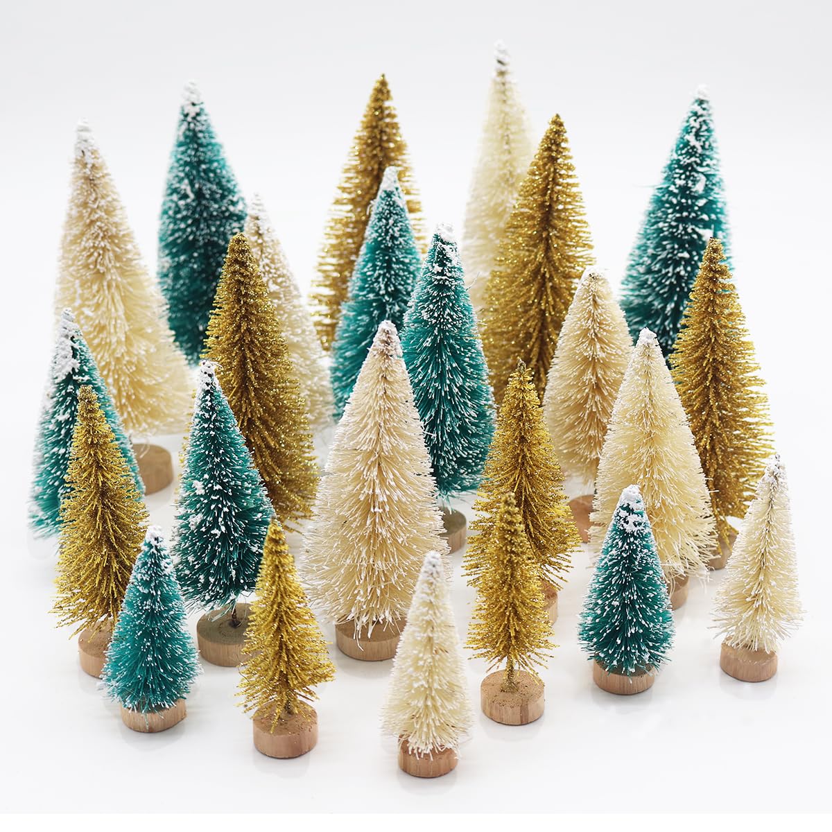 WAIZHIUA 24Pcs Miniature Christmas Tree, 3 Color Mini Artificial Snow Frost Trees Green Sisal Trees, Plastic Winter Ornaments Tabletop Model Trees for Christmas DIY Craft Party Decoration (4 Size)