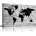 TAOMI World Map Black and White Map Large Canvas Wall Art for Office Home Decor Minimalist Vintage Map of the World Living Room Artwork Grey Wooden Grain Frame 24x36inch
