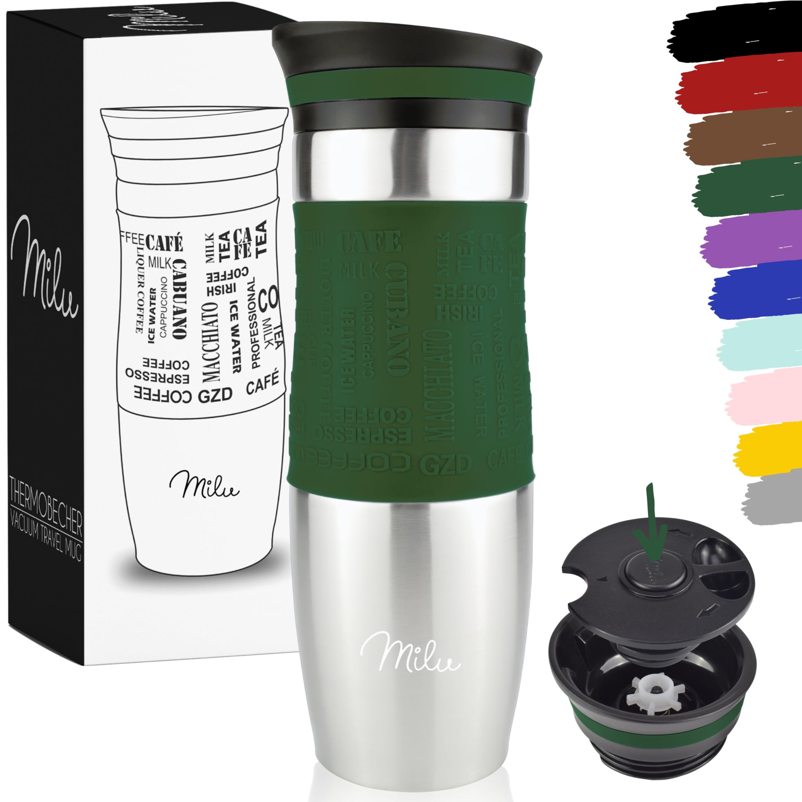 Milu Thermo Mug 370ml 450ml Insulated Mug Coffee Mug to go - 100% Leak Proof - Stainless Steel Drinking Mug - Car Mug Double Wall Insulation Thermo Mug Travel Mug (Olive Green, 450ml)