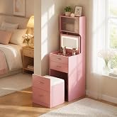 Garvee 3 in 1 Vanity Desk with 3 Color LED, Compact Makeup Vanity Set with 2 AC Outlets &amp; USB, Dressing Table with Drawers &amp; Acrylic Doors, Nightstand Vanity Mirror, Jewelry Box, Hidden Chair, Pink