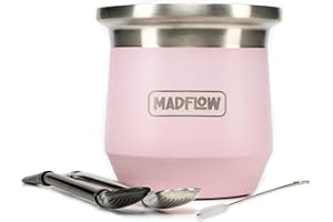 MADFLOW Yerba Mate Cup. Stainless Steel Mate Cup with 2 Bombillas.One Tree Planted in The USA for Every Unit Sold. Double Wall Vacuum Insulated Yerba Mate Gourd. Unique Mate Cup and Bombilla Set