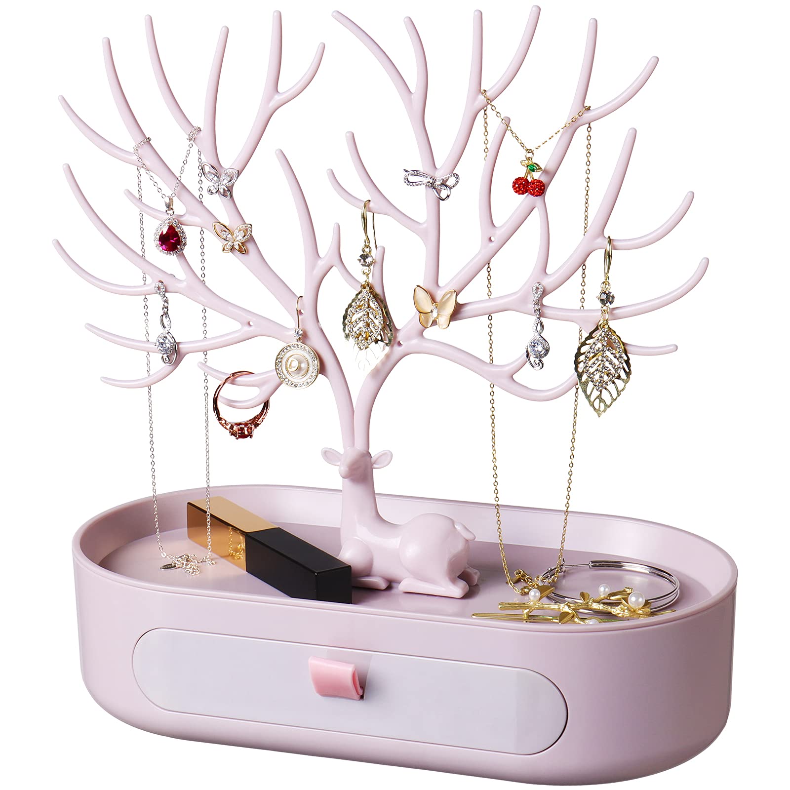 penobon Antler Jewellery Organiser Stand with Drawer, Plastic 3 in 1 Jewellery Holder for Earrings Necklaces Bracelets and Ring