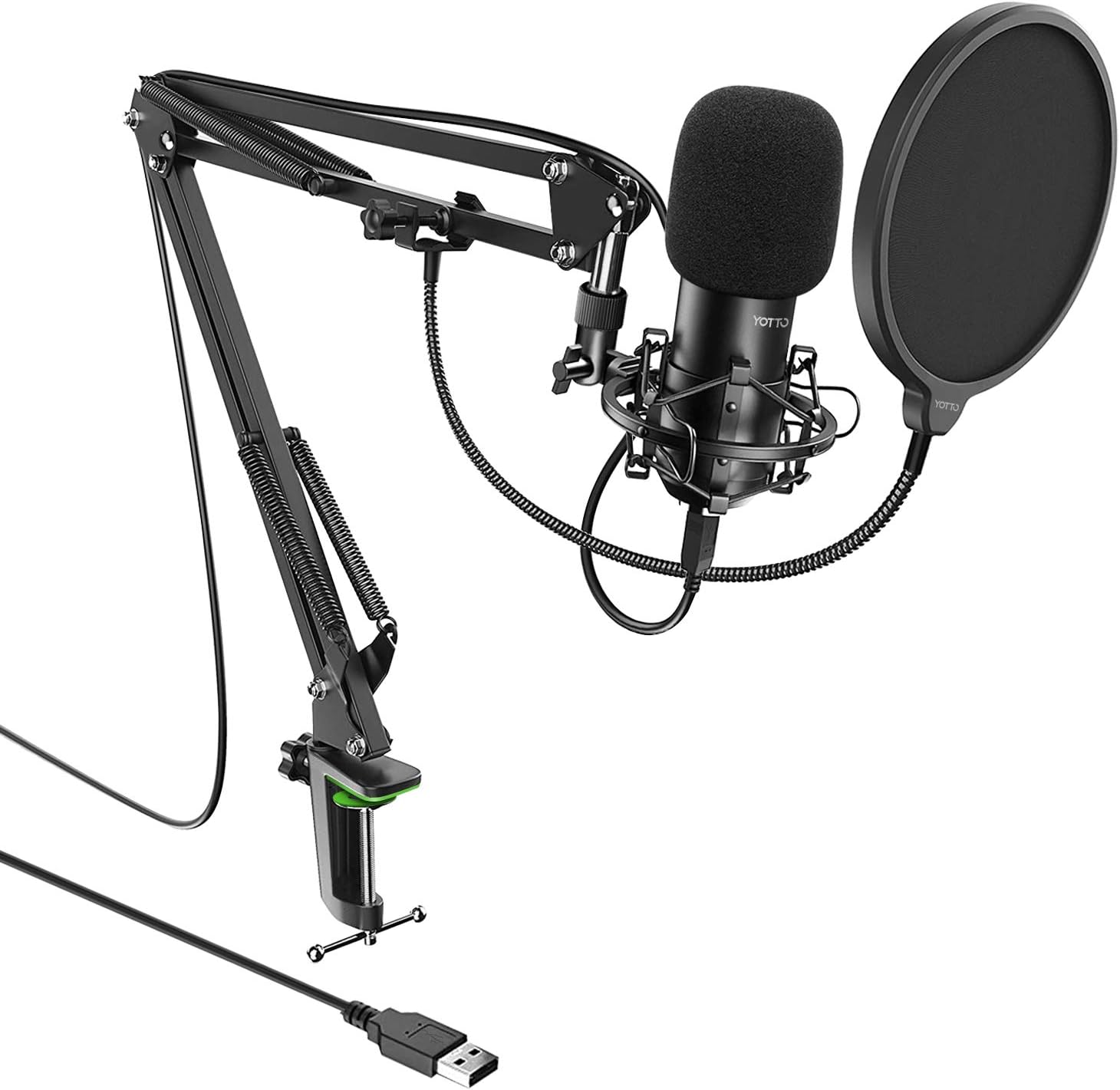 YOTTO USB Microphone Cardioid Condenser Mic 192KHz/24bit Plug and Play Professional Studio Podcast Microphone with Adjustable Microphone Stand Suspension Scissor Boom Arm, Pop Filter, Shock Mount: Home Audio & Theater
