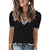 LOMON Womens Sweaters Puff Short Sleeve Lightweight Knit Summer Fall Tops Dressy V-Neck Work Blouses Business Casual Outfits