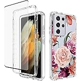 Bohefo Case for Galaxy S21 Ultra 5G, SM-G998U Case with Tempered Glass Screen Protector, Full Body Cute Floral Shockproof Protective Phone Case Cover for Samsung Galaxy S21 Ultra Purple Flower