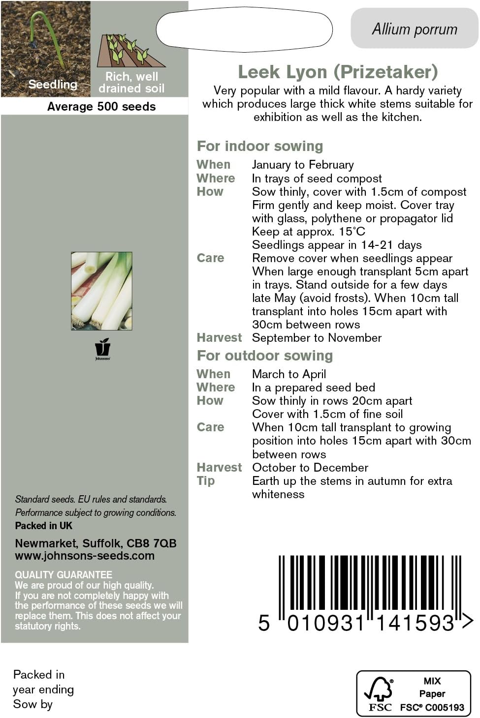 Johnson's 11598 Vegetable Seeds, Leek Lyon (Prizetaker), White - Image 3