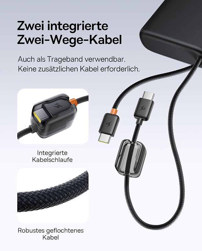 FC41 145W 25000mAh Powerbank Laptop CCC Zertifizierung, Schnellladen Power Bank mit 2 Integriertem USB-C Kabel, Externe Handyakkus für Macbook Pro, iPhone, Dell, HP, SteamDeck, Samsung, Schwarz