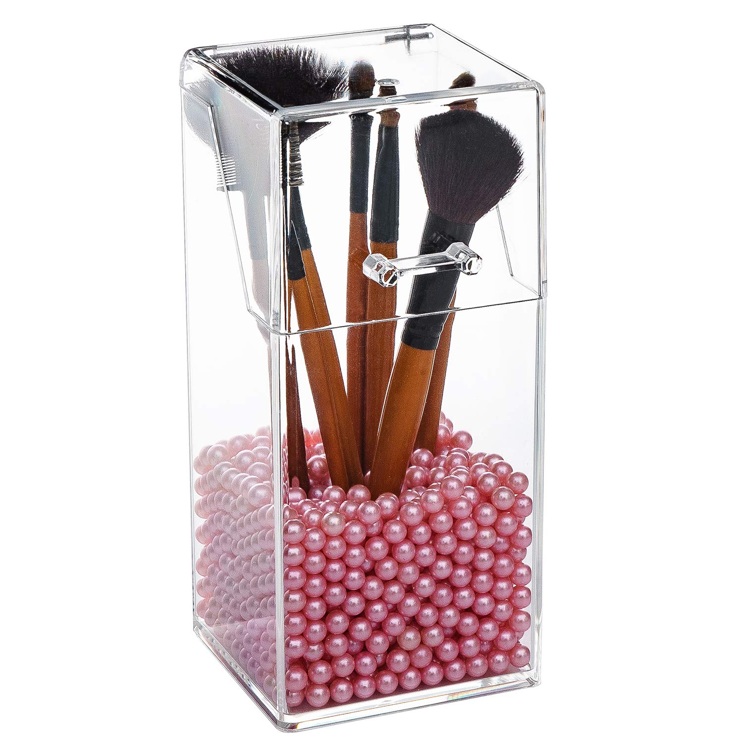 Yoelrsa Acrylic cosmetic brush organizer with cover, Makeup Brush Collection box with free pearls, dustproof/Waterproof cosmetic holder (Quadrilateral, Pink)