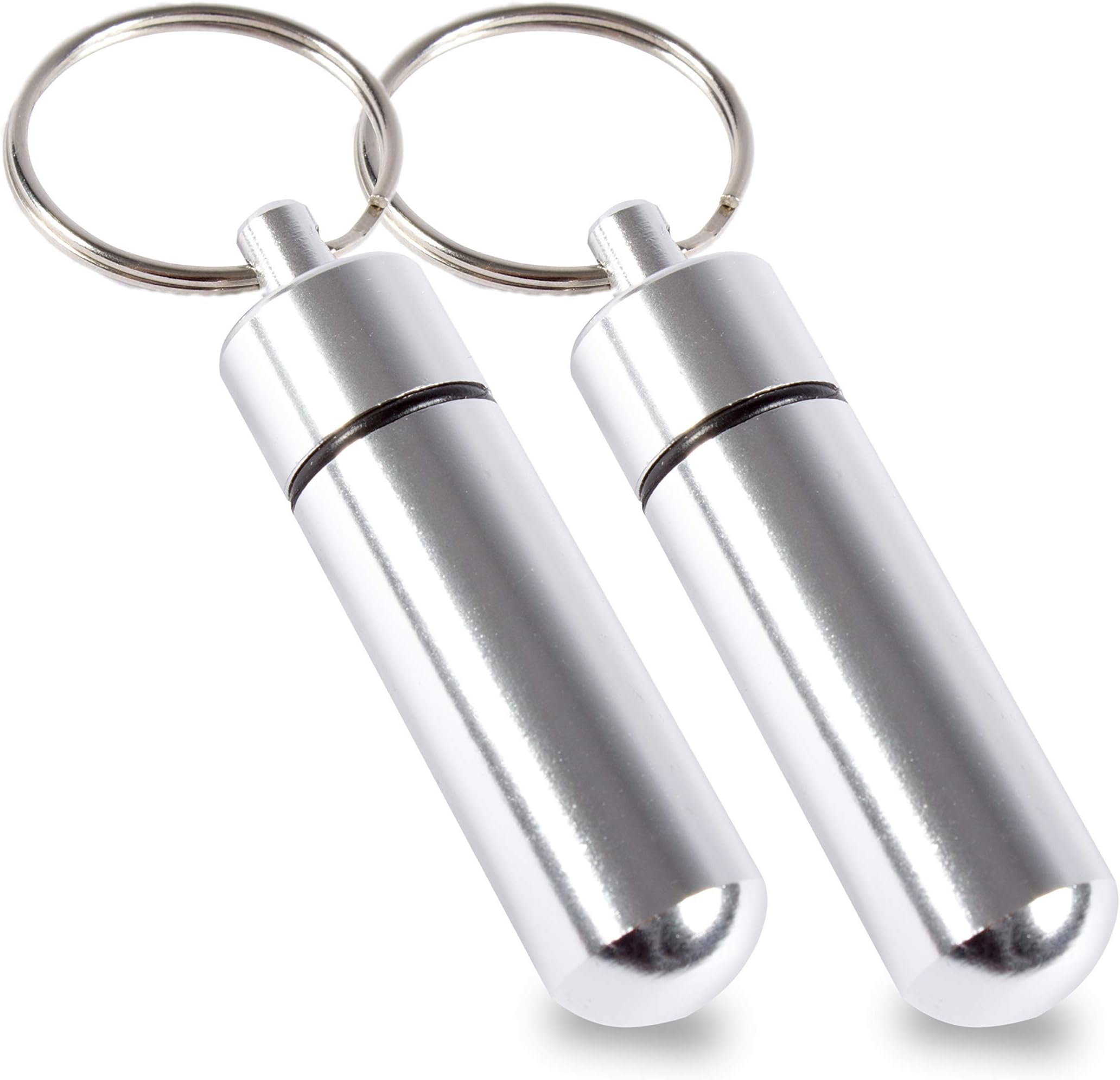 Aribari Mini aluminium pill box with key ring. Waterproof tablet box. Emergency capsule. Gift tag or address tag. Also for Pet ID. Length 5,2 cm ø 1,4 cm (silver 2 pieces)