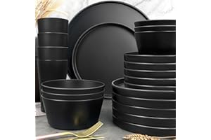 Teivio 24-Piece Kitchen Plastic Coupe Wheat Straw Dinnerware Set, Service for 6, Dinner Plates, Dessert Plate, Cereal Bowls, 